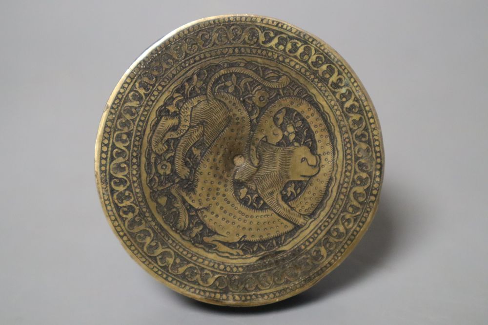 A 19th century Indo-Persian brass incense box and cover, height 7cm